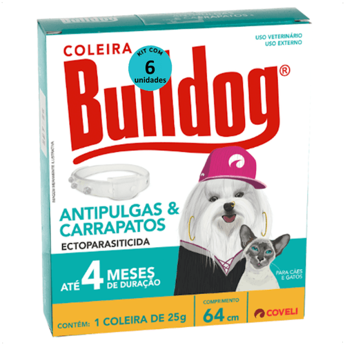 COLEIRA ANTIPULGAS E CARRAPATOS BULLDOG 4 COM 64CM E 25G PARA CÃES E GATOS COVELI KIT COM 6